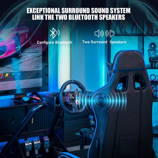 Racestoel, Simulator Cockpit, SIM Racing Cockpit, racesimulator stuurwielstandaard met luidsprekers, stuurwiel en pedaalsteun, Blauw van Woltu — afbeelding 5