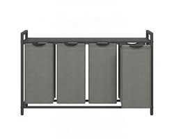 Wasmand 4-vaks sorteermand 116×33×72 cm Zwart-grijs Met uittrekbare en afneembare waszakken Lattenrek voor ventilatie Stevig metalen frame Geschikt voor wasruimte, badkamer en slaapkamer