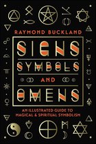 Boek 'Signs, Symbols & Omens' van Raymond Buckland, met gouden symbolen op zwarte achtergrond.