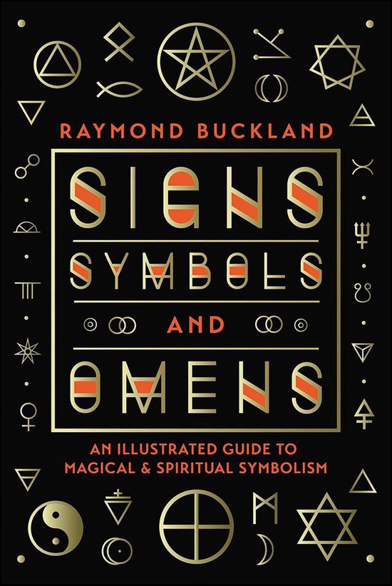 Boek 'Signs, Symbols & Omens' van Raymond Buckland, met gouden symbolen op zwarte achtergrond.