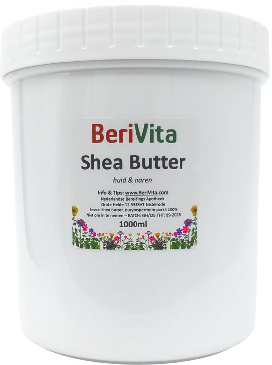 Een grote witte pot met een etiket waarop 'BeriVita Shea Butter huid & haren' staat. De pot bevat 1000ml.