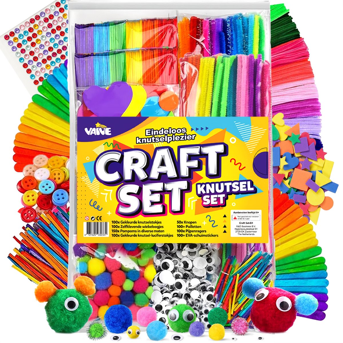 Vaive Knutselset 800-delig - Knutselen Meisjes & Jongens - Kralen, Veren, Pompons & Wiebeloogjes - Knutselkoffer - Knutselspullen - Knutselpakketten