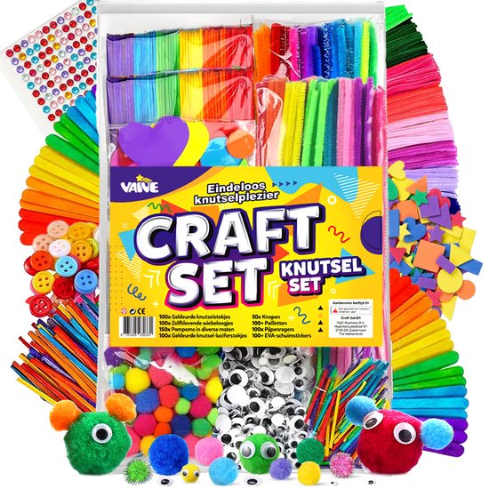 Vaive Knutselset 800-delig - Knutselen Meisjes & Jongens - Kralen, Veren, Pompons & Wiebeloogjes - Knutselkoffer - Knutselspullen - Knutselpakketten