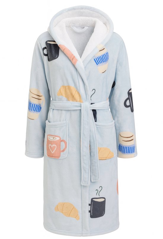 Dames badjas koffie - fleece badjas met capuchon - ultra zacht en warm - cadeau koffieliefhebber - koffie badjas - maat S/M