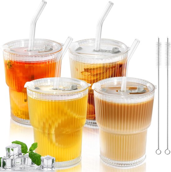 Glazen beker met handvat, deksel en rietje incl. receptenboekje - blauw geruit - 0,5 liter drinkbeker/drinkglas met reliëf - voor sappen, smoothies en andere frisdranken
