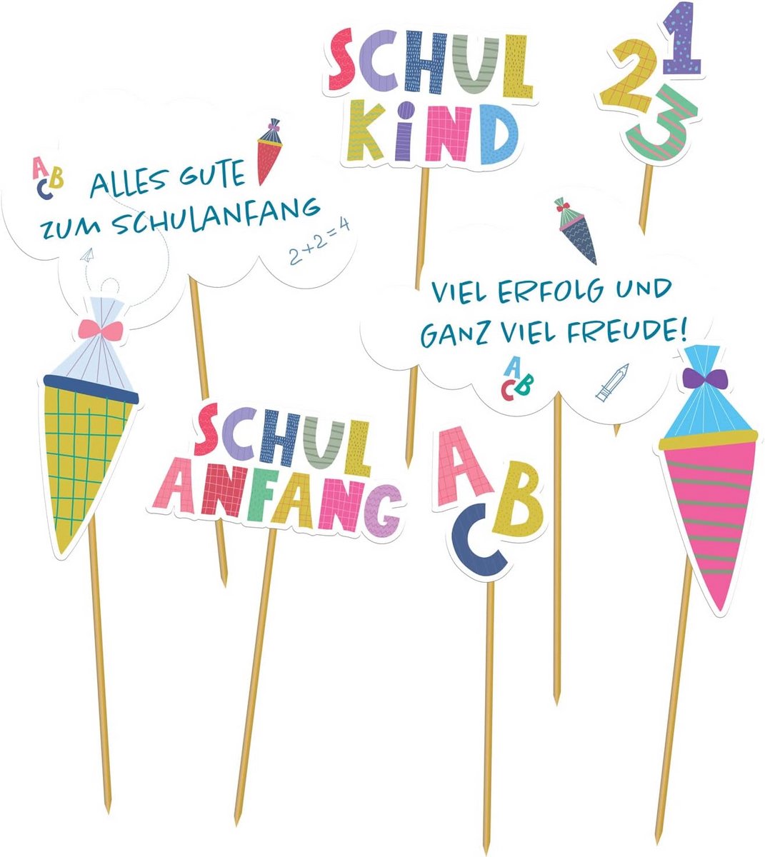 Bamboe prikkers 11cm - 8 stuks - dubbelzijdig bedrukt - schulbegin thema