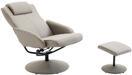 Grijze relaxfauteuil met verstelbare hoofdsteun en bijpassende voetenbank, op witte achtergrond.