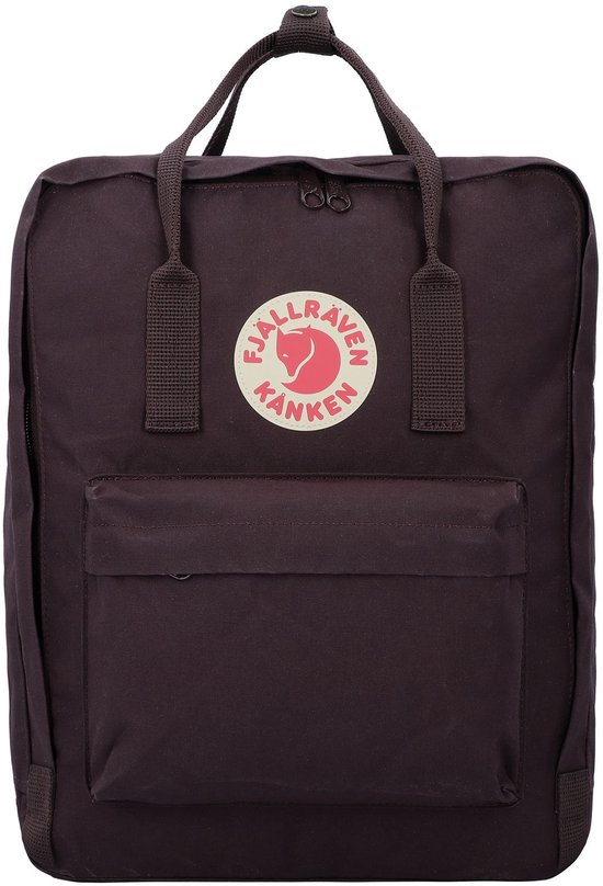 Paarse Fjällräven Kånken rugzak met het logo.