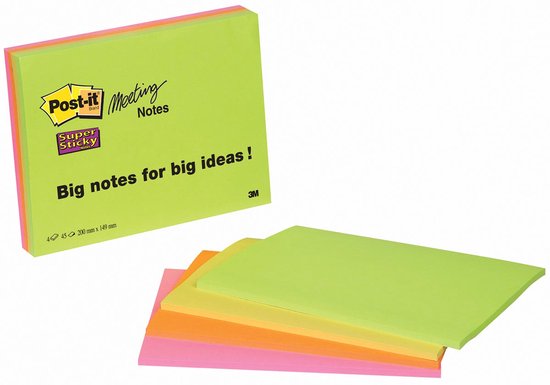 Post-it Meeting Notes, Super Sticky, in groen, roze, oranje, geel. 'Big notes for big ideas!'. 200 x 149 mm.