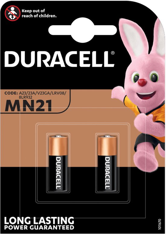 Emballage de 2 piles Duracell MN21 avec le lapin Duracell rose.