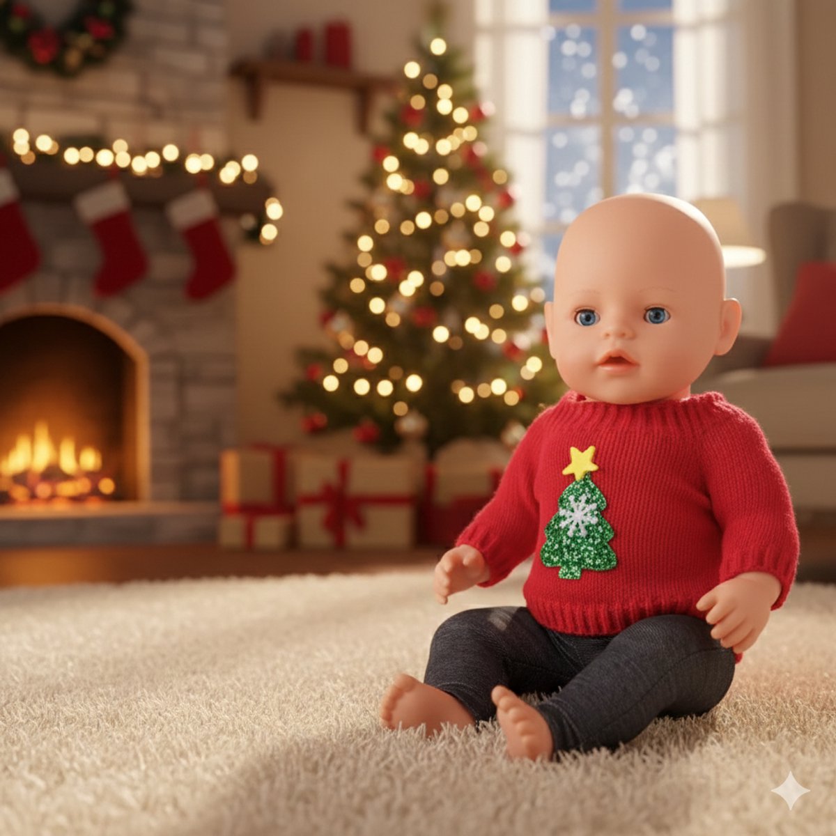 Kerst Outfit voor Geschikt voor Baby Born – Wollen Rode Kersttrui met Groene Kerstboom & Spijkerbroek – Kleertjes voor Babypoppen