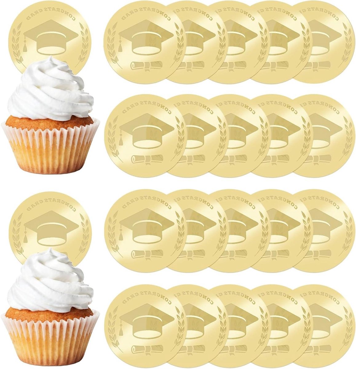 Ronte - Cupcake Toppers Set voor Afstuderen Thema Feest - Goudkleurige Ronde Cake Decoratie - Acryl Picks voor Voedsel en Voorgerechten