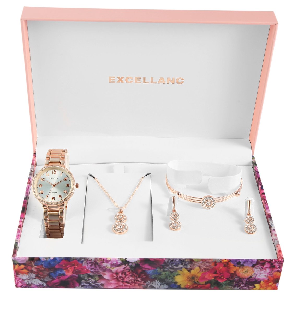 Excellanc dameshorloge geschenkset rosé-goudkleurig cadeauset horloge, ketting, armband en oorbellen kerstcadeau