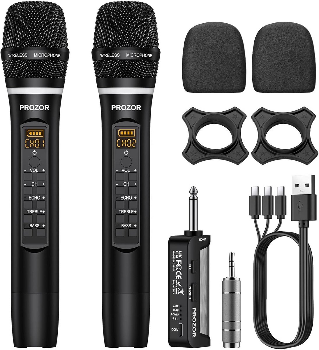 Draadloze Microfoons - Oplaadbare Handheld UHF Zender Ontvanger Karaoke Mic Systeem met Volume Treble Bass Echo Controle voor Bruiloft DJ Party Speech Church - Zwart