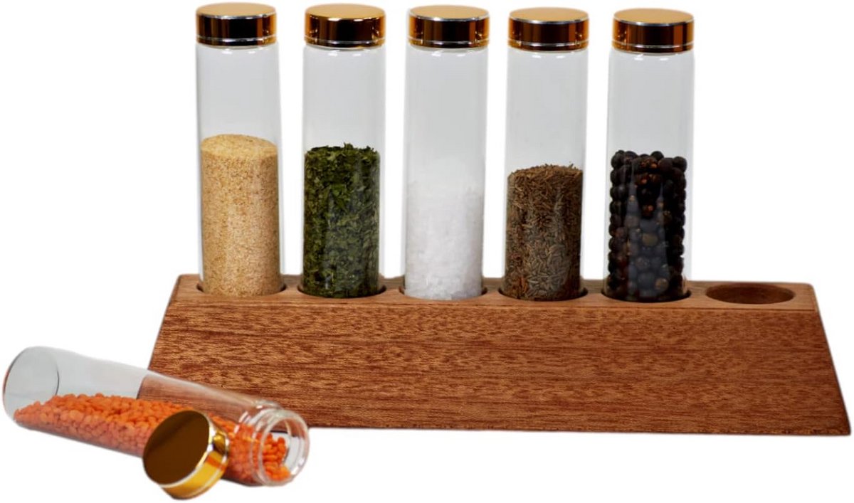 Kruidenrek hout met 6 glazen potjes 100 ml - goudkleurig deksel