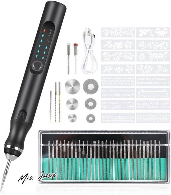 Madame Jones Stylo de gravure électrique ensemble d'outils de gravure - Zwart - verre bois - pierre plastique - métal céramique - bijoux modèles .
