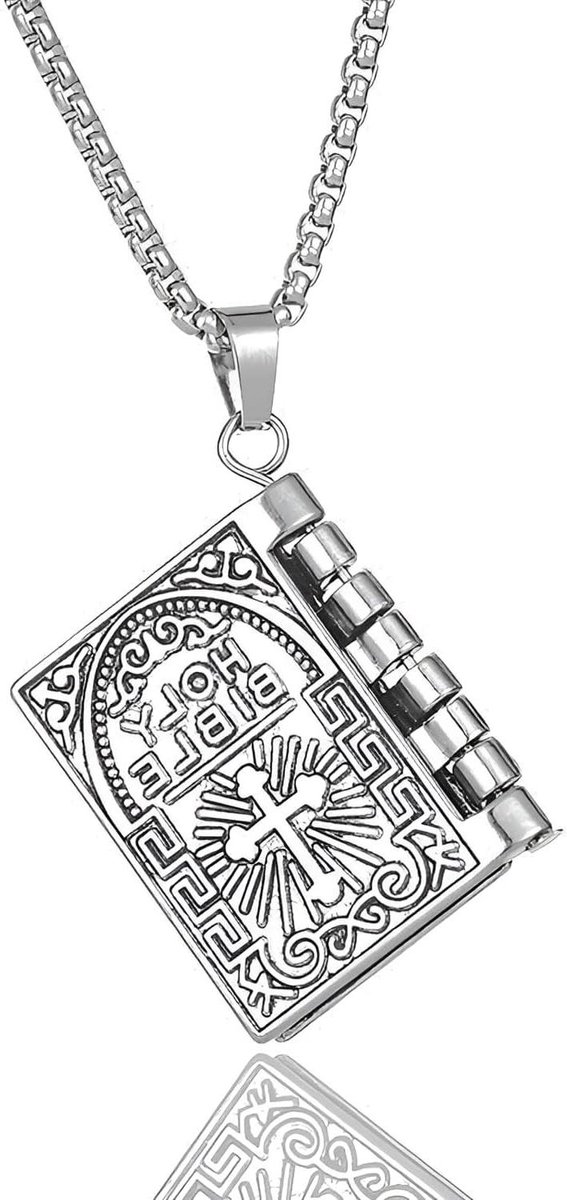 Ronte - Religieuze Bijbel Halsketting met Heilige Hanger voor Heren in Vintage Stijl - Zilverkleurig met Punk en Hiphop Invloeden - Rapper Biker Accessoire