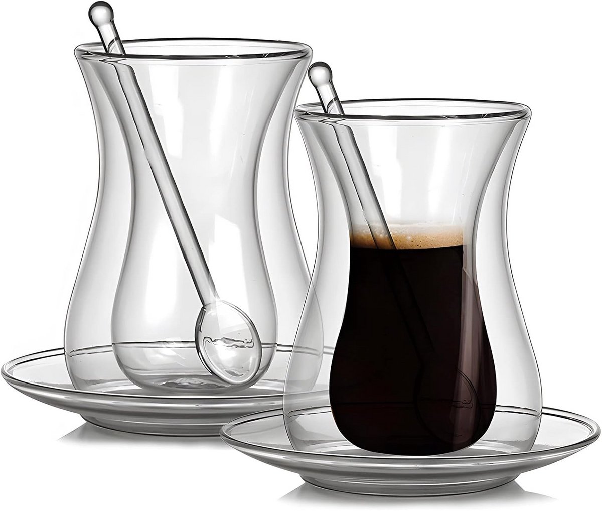 Set van 2 Dubbelwandige Turkse Koffie- en Theeglazen met Lepels