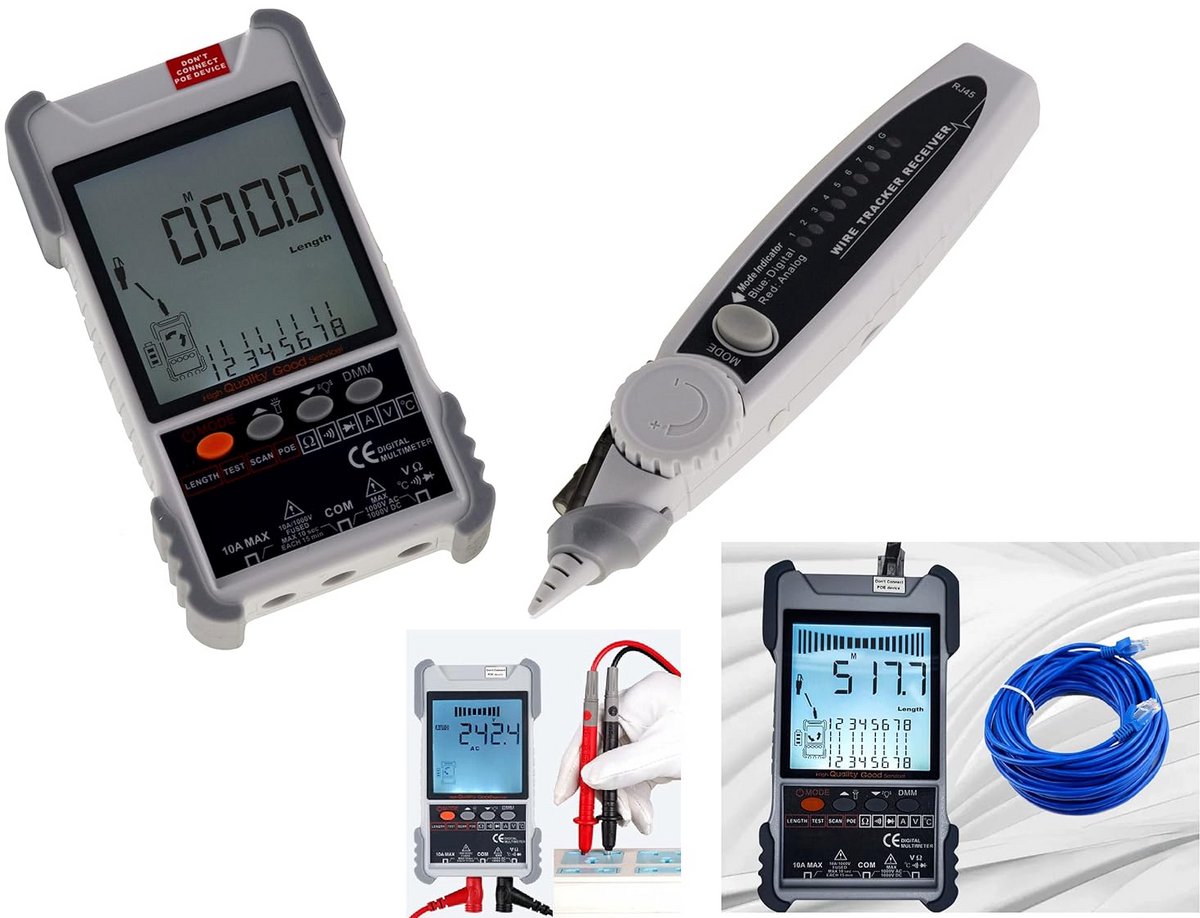Digitale netwerktester en multimeter voor RJ45 RJ11 kabels: lengte, POE, spanning en continuïteit meten