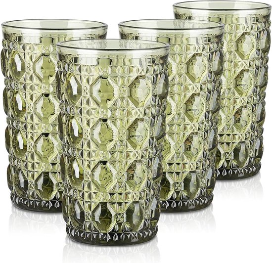 Relaxdays Drinking Glasses Set of 4, Vintage Design, Embossed, Dishwasher Safe, Juice, Lemonade, 360 ml, Transparent