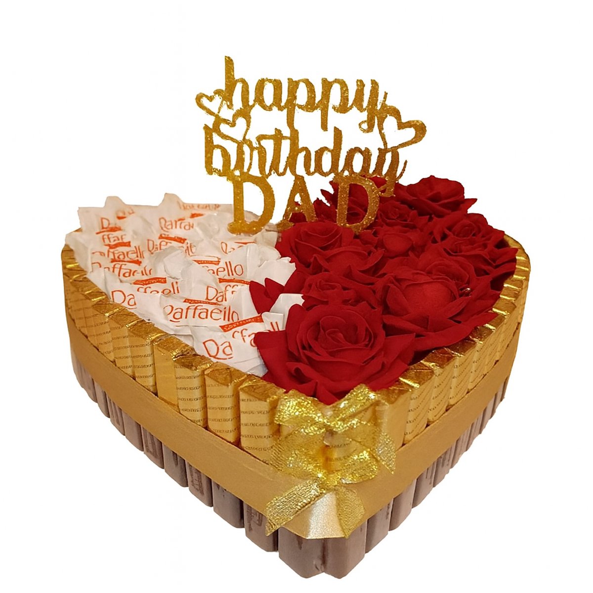 Luxe Snoeptaart – Happy Birthday Dad met Merci, Raffaello & Rode Rozen (30 cm)