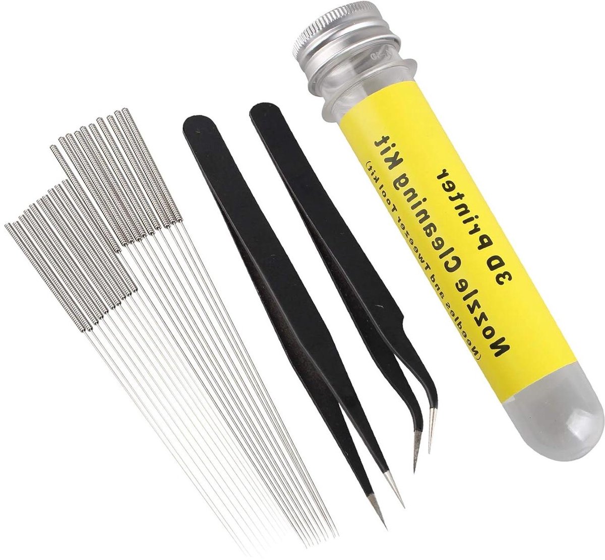 Ronte - Nozzle Cleaning Kit voor 3D Printers - Roestvrijstalen Tool Set - Met 10x 0.4mm Naalden, 10x 0.35mm Naalden, Hoekpincet en Rechte Pincet - Set van 22 - Professionele Printer Accessoires