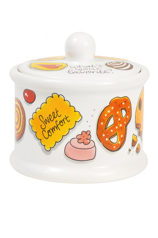 Witte voorraadpot met koekjes, brezels en tekst 'Sweet Comfort'.