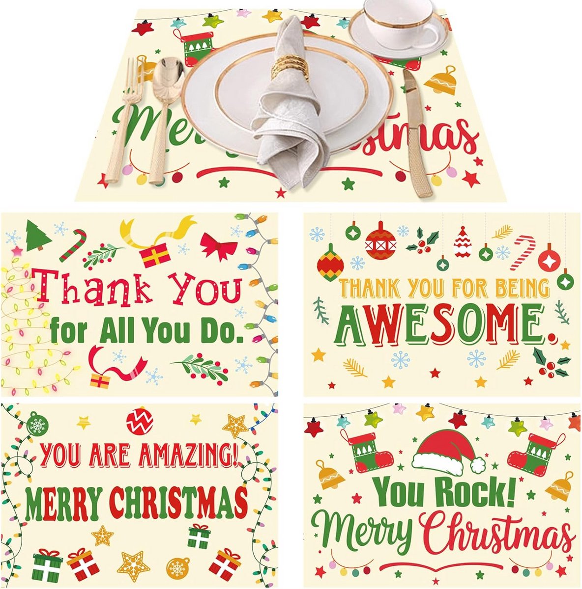 Kerst placemats set van 4 - wasbare, hittebestendige tafelmatten 45x30cm