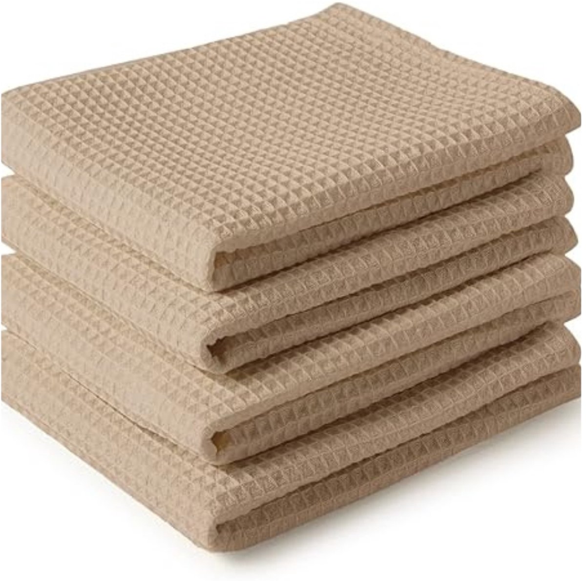 Famanu - Set van 4 beige katoenen wafeltheedoeken 70x45 cm, absorberend en sneldrogend
