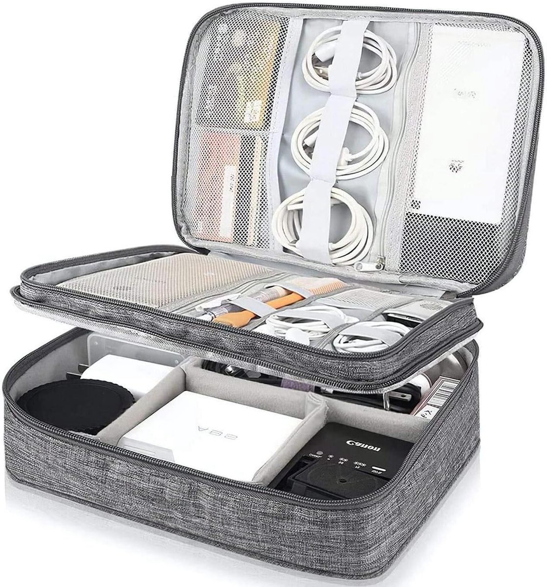 Ronte - Dubbelvouw reisorganisatietas voor elektronica en accessoires - Grijs - Draagbaar - Reisgadget - Powerbank - USB - Oplader