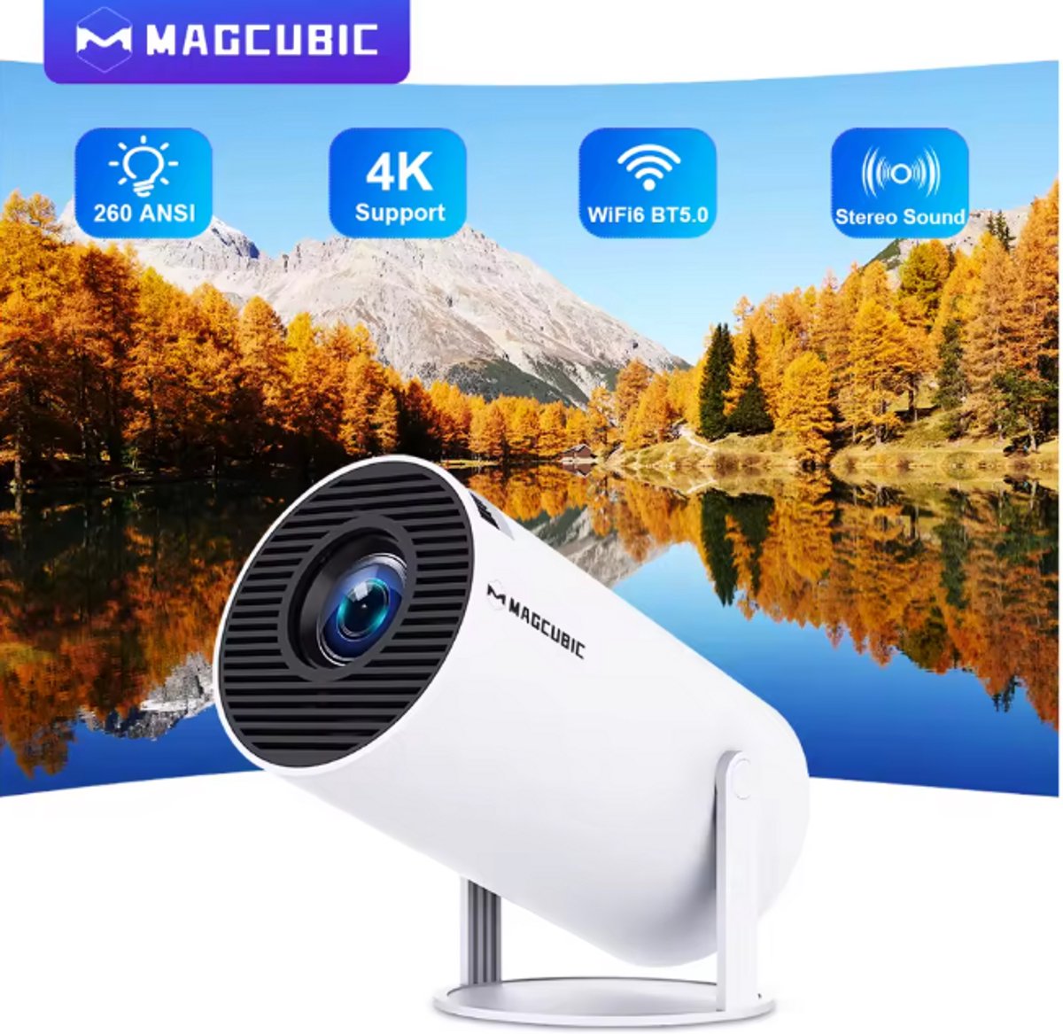 Magcubic HY300 Pro Projector – Draagbare 4K Support Mini Beamer – Android 14 – WiFi 6 & Bluetooth 5.4 – 260 ANSI – 180° Lens – Home Theater