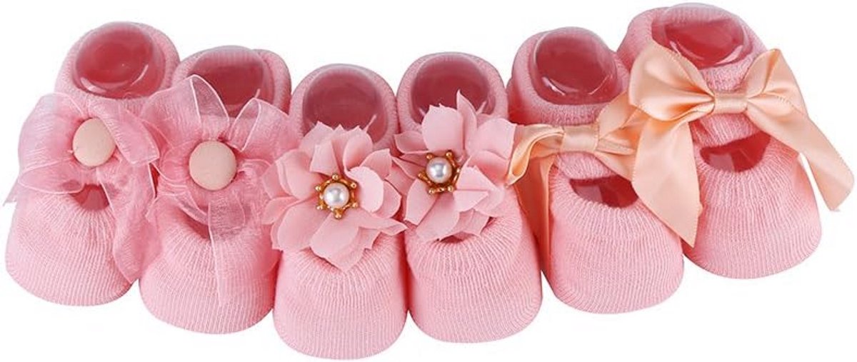 3 paar baby katoenen vloersokken met vlinderdas en bloemmotief, antislip
