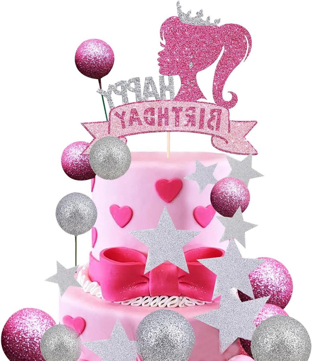 Ronte - Taartdecoratie meisjes voor verjaardag in roze, Happy Birthday taarttopper, prinsessendecoratie voor keuken - 18 stuks.