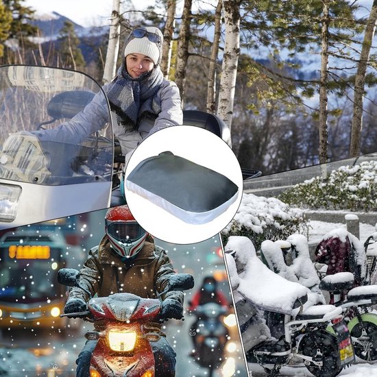 Collage van diverse afbeeldingen: vrouw op motor, bestuurder op scooter in de sneeuw, motoren in de sneeuw, e-bikes en fiets.