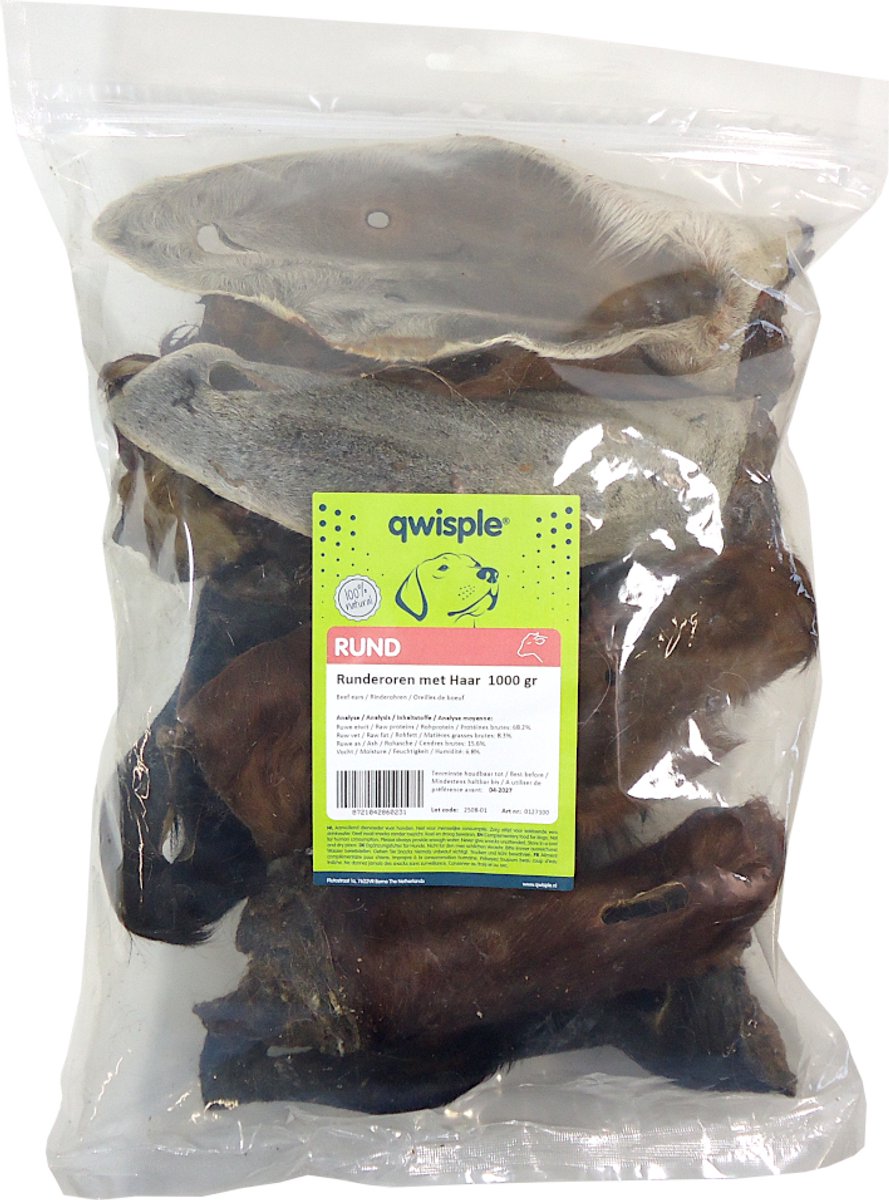Qwisple Runderoren met Haar - Gedroogde Natuurlijke Hondensnacks - 1000 gr