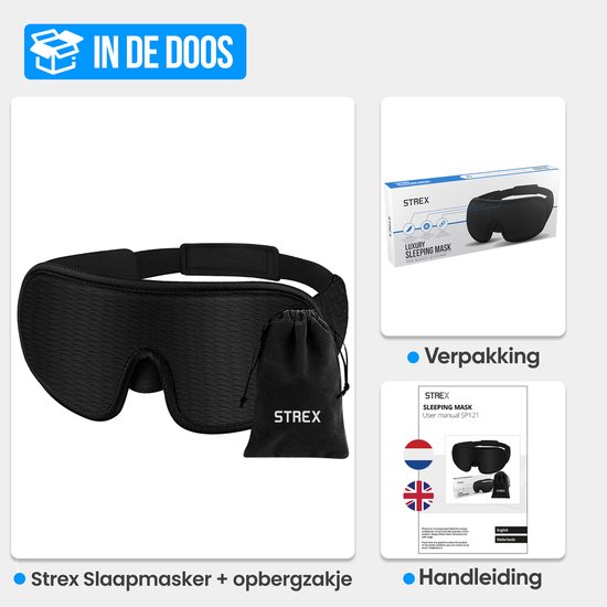 Zwarte Strex slaapmasker met opbergzakje, verpakking en handleiding.