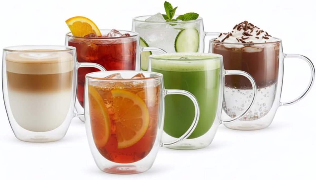 Majestix Dubbelwandige Glazen Met Oor - Set van 6 - 350 ML - Isolerende Thermoglazen - Latte Macchiato, Cappuccino, Espresso, Koffie, Thee