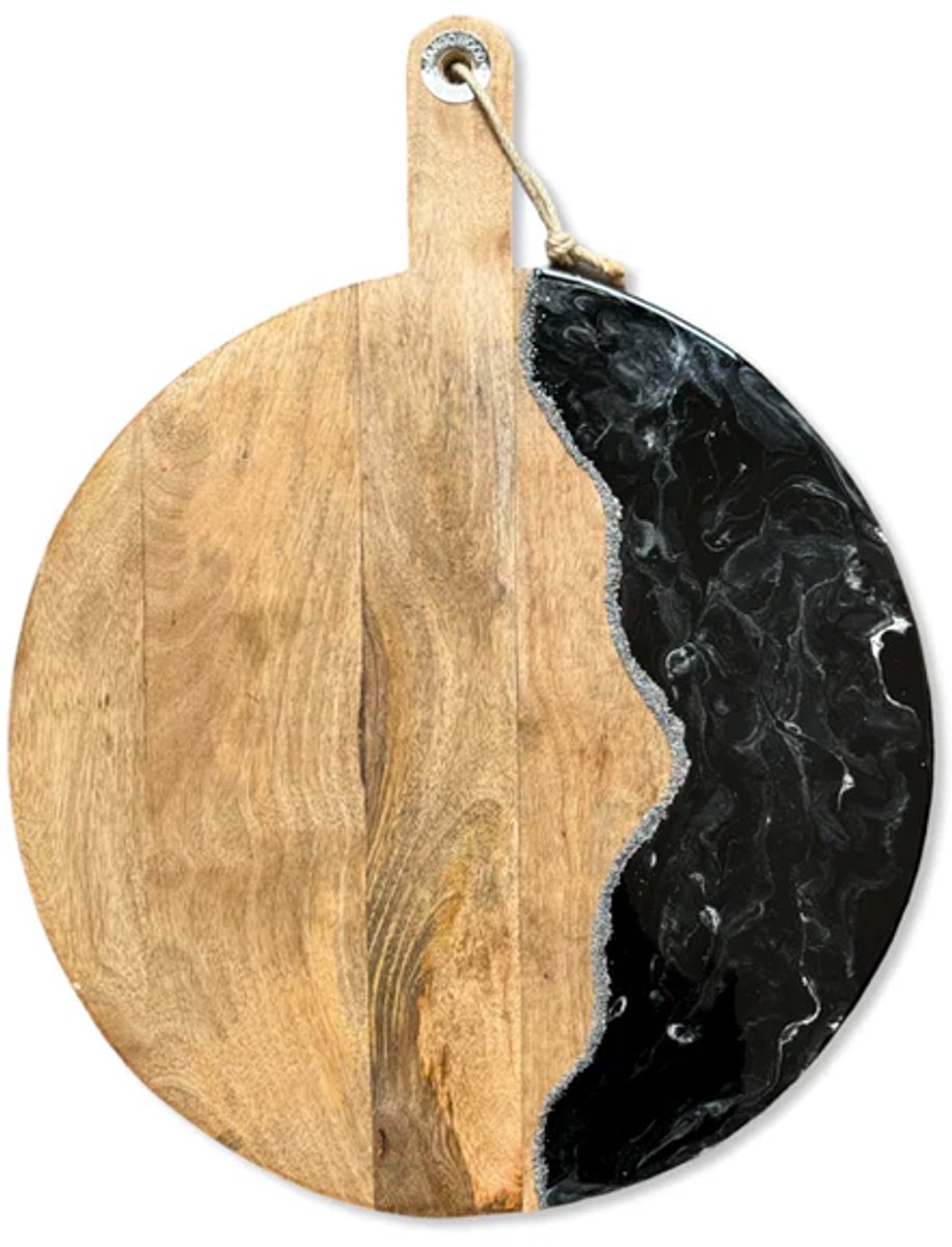 ORGNL Art Design - Luxe borrelplank-serveerplank-kaasplank-ronde houten borrelplank-epoxy versiering-zwart wit zilver
