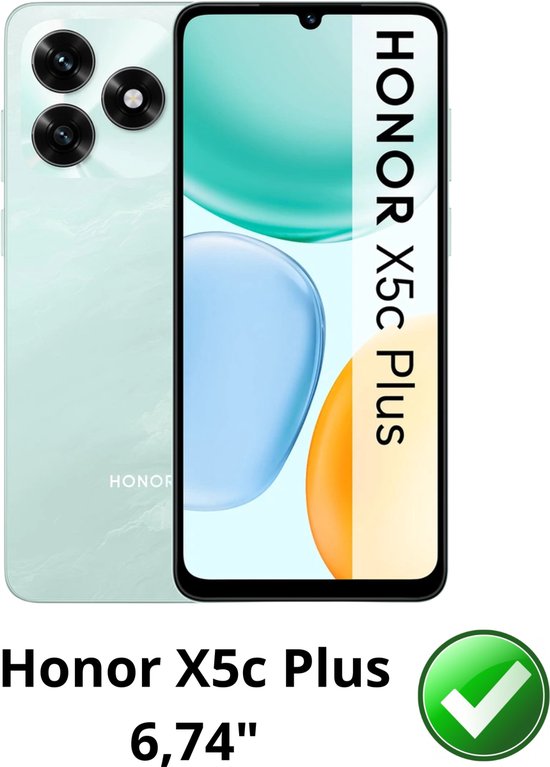 Een Honor X5c Plus telefoon met een transparante hoes. De achterkant heeft een lichtgroene marmerprint en een drievoudige camera.