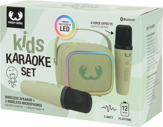 Fresh ’n Rebel Kids Draadloze Karaoke Set met 2 Microfoons, 6 Stemvervormers, LED Verlichting, 12u Speeltijd, Groen