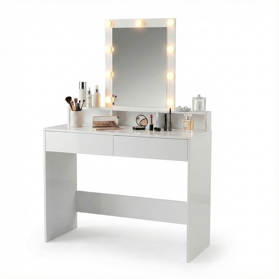 Monza Home® Make Up Tafel – Kaptafel met Spiegel en Verlichting – 100 cm Breed – 2 Laden – 3 Open Vakken – Wit – LED Dimbaar – Stevig Spaanplaat