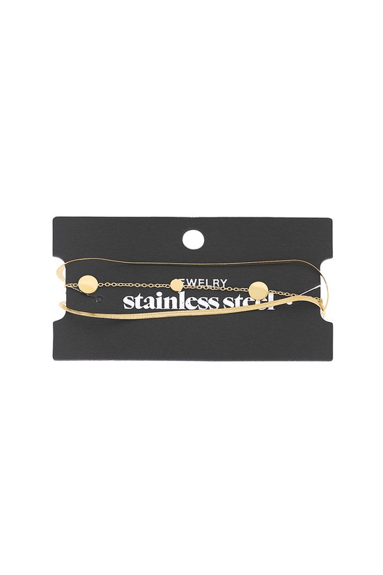 Drie gouden armbanden op een zwarte kaart, met tekst 'JEWELRY' en 'STAINLESS STEEL'.