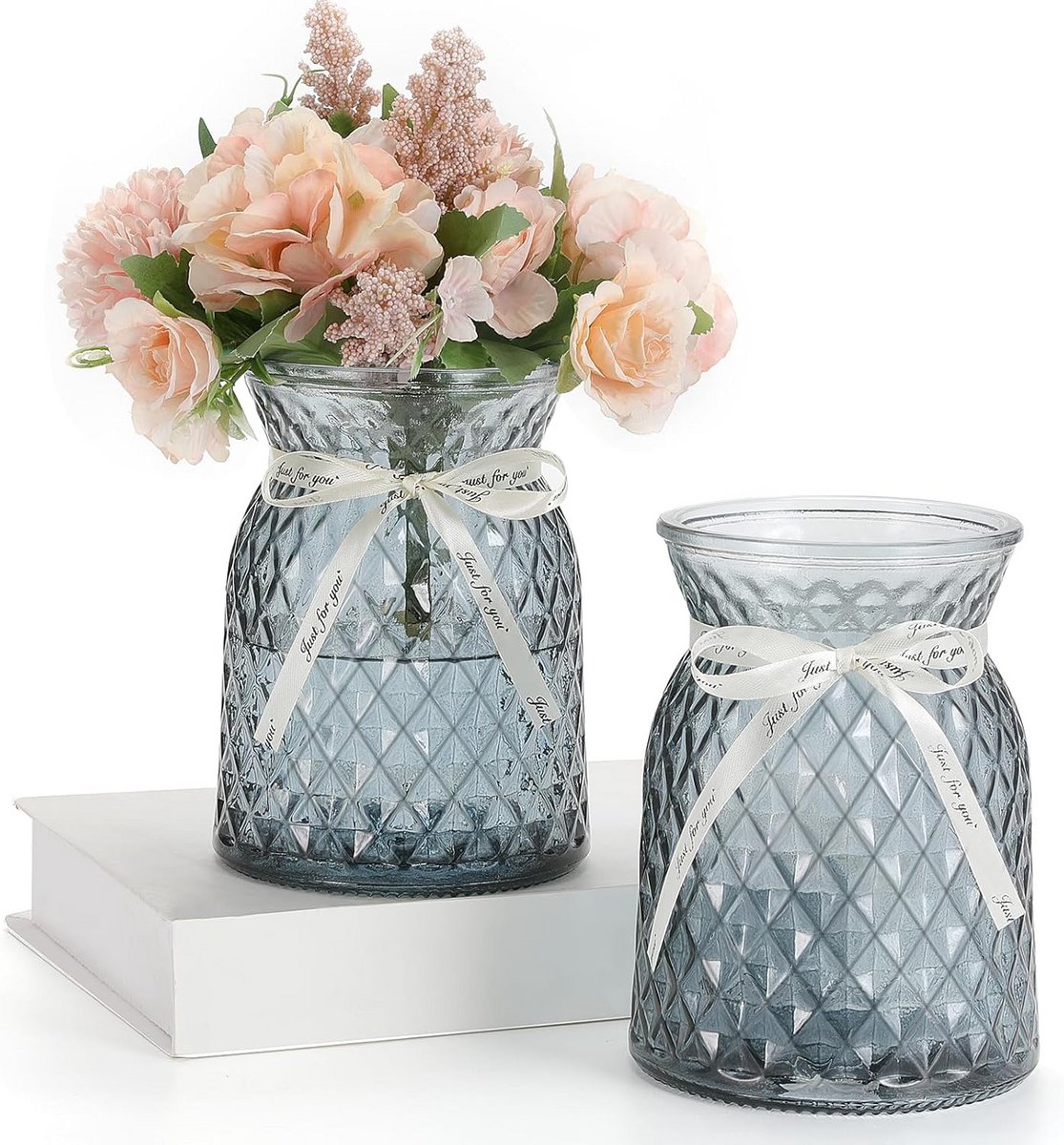 Set van 2 hoge glazen bloemenvazen met diamantpatroon