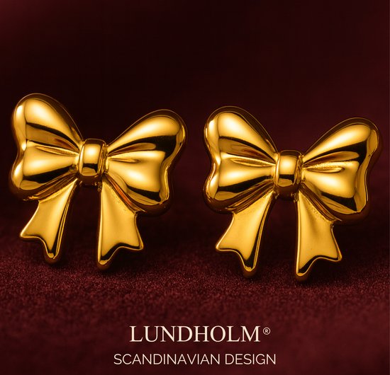 Lundholm Oorknopjes Dames Verguld Strik Goudkleurig - Premium Stainless Steel - Elegante Strik Oorbellen Gold Plated 1.3 x 1 cm - Luxe Geschenkverpakking