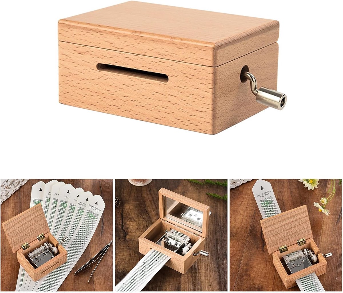 Mini gepersonaliseerd houten muziekdoosje, met handslingermechanisme, inclusief 7 blanco papierstroken en een perforator, om zelf muziek te maken.