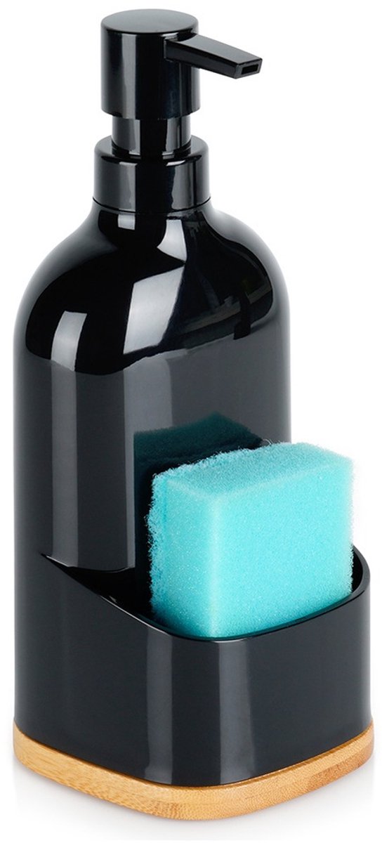 Vilde Luxe Zeepdispenser met Sponshouder - 500 ml - Zwart met Bamboe - Aanrecht Organizer - Keuken Afwasmiddel Dispenser - Modern Design