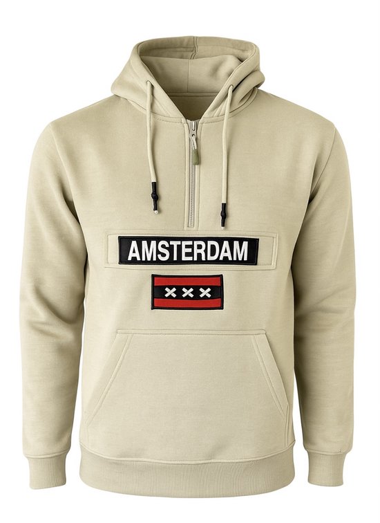 Lichtbeige hoodie met rits aan de voorkant, "AMSTERDAM" tekst en de vlag van Amsterdam met drie kruizen.