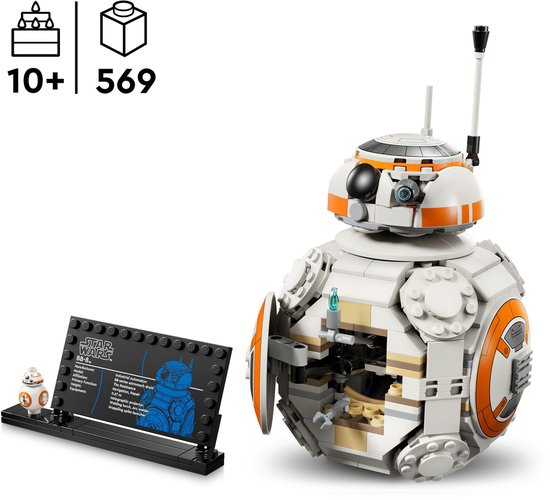 BB-8 LEGO avec un côté qui s'ouvre et un présentoir, à côté de l'indication d'âge 10+.