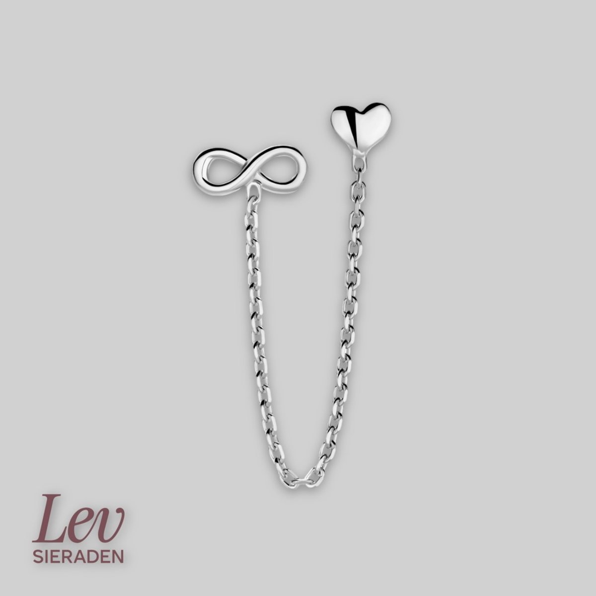 Lev Sieraden - 925 Zilveren oorknop met hart en infinity - Dames oorbel - per stuk - zilver gerhodineerd