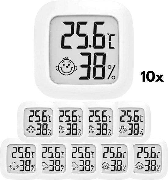 Tien witte digitale thermometers met displays die 25.6C en 38% luchtvochtigheid tonen.